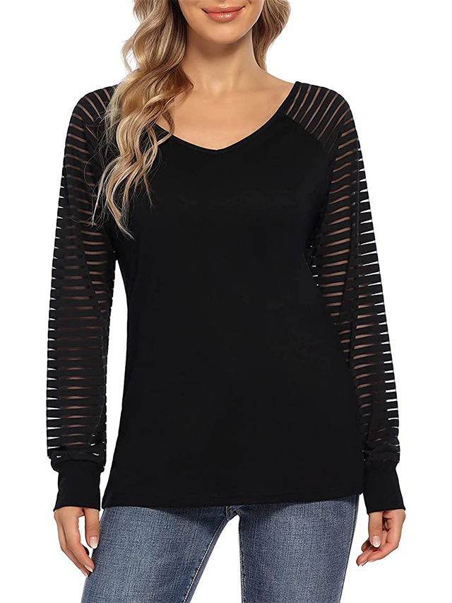 Women V Neck Long Sleeve Tops Solid Loose