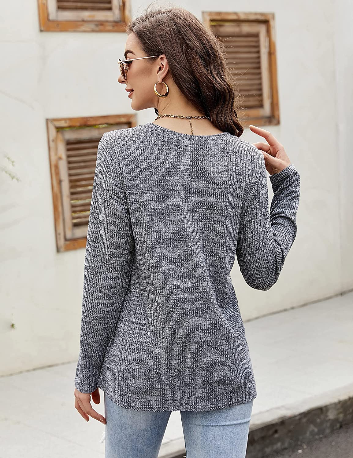 Womens Ribbed Knit Henley Tops