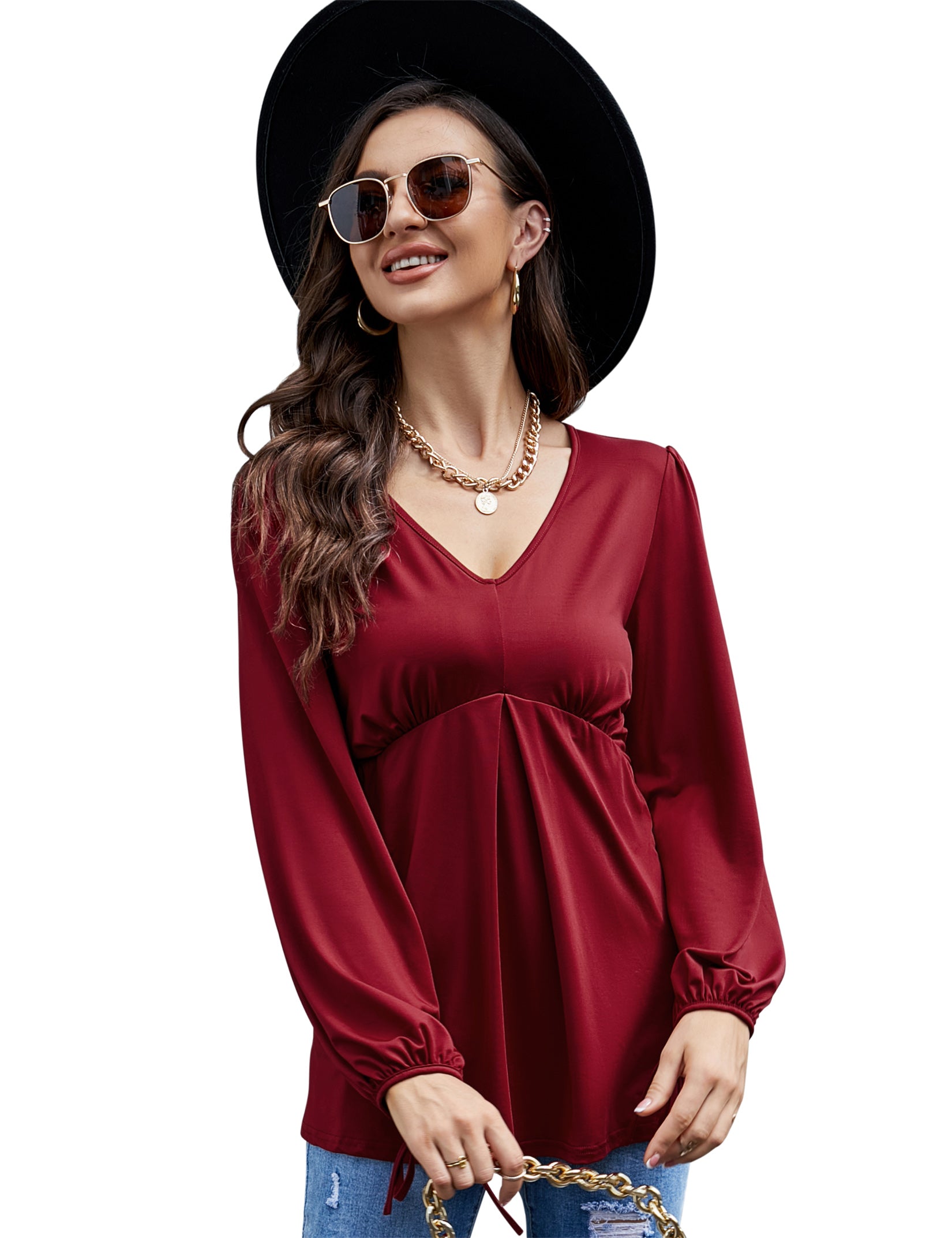 Womens V Neck Casual Long Lantern Sleeve Pullover Tops