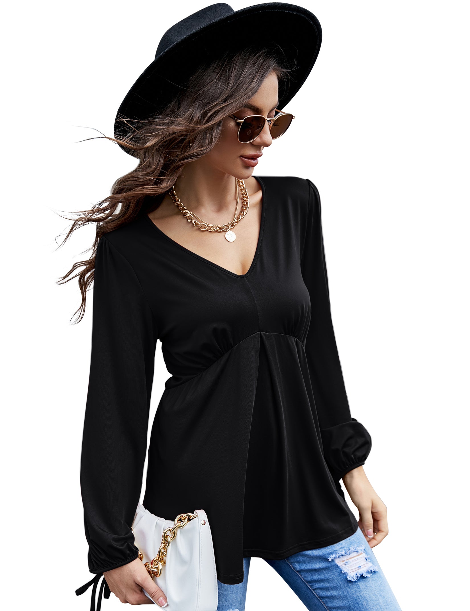 Womens V Neck Casual Long Lantern Sleeve Pullover Tops